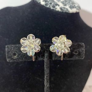 Vintage Laguna Aurora Borealis AB Flower Shape Clip On Earrings